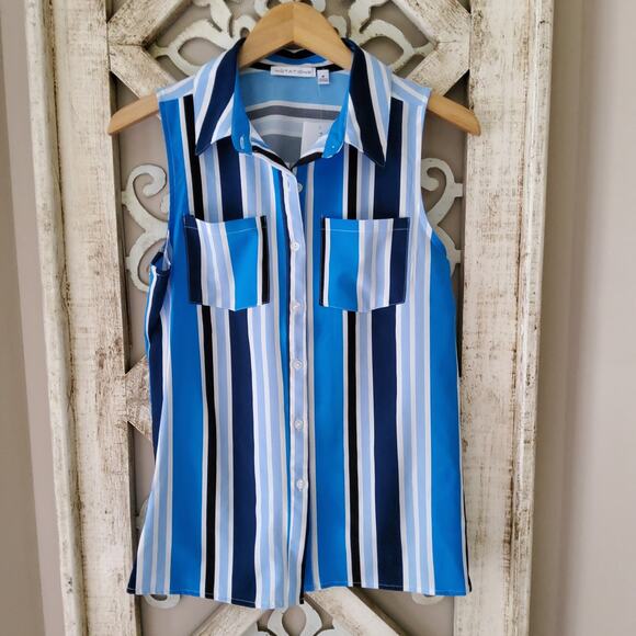 Notations Women's M Sleeveless Collar Button Down Pocket Blouse Tank Top Stripe - Picture 4 of 7